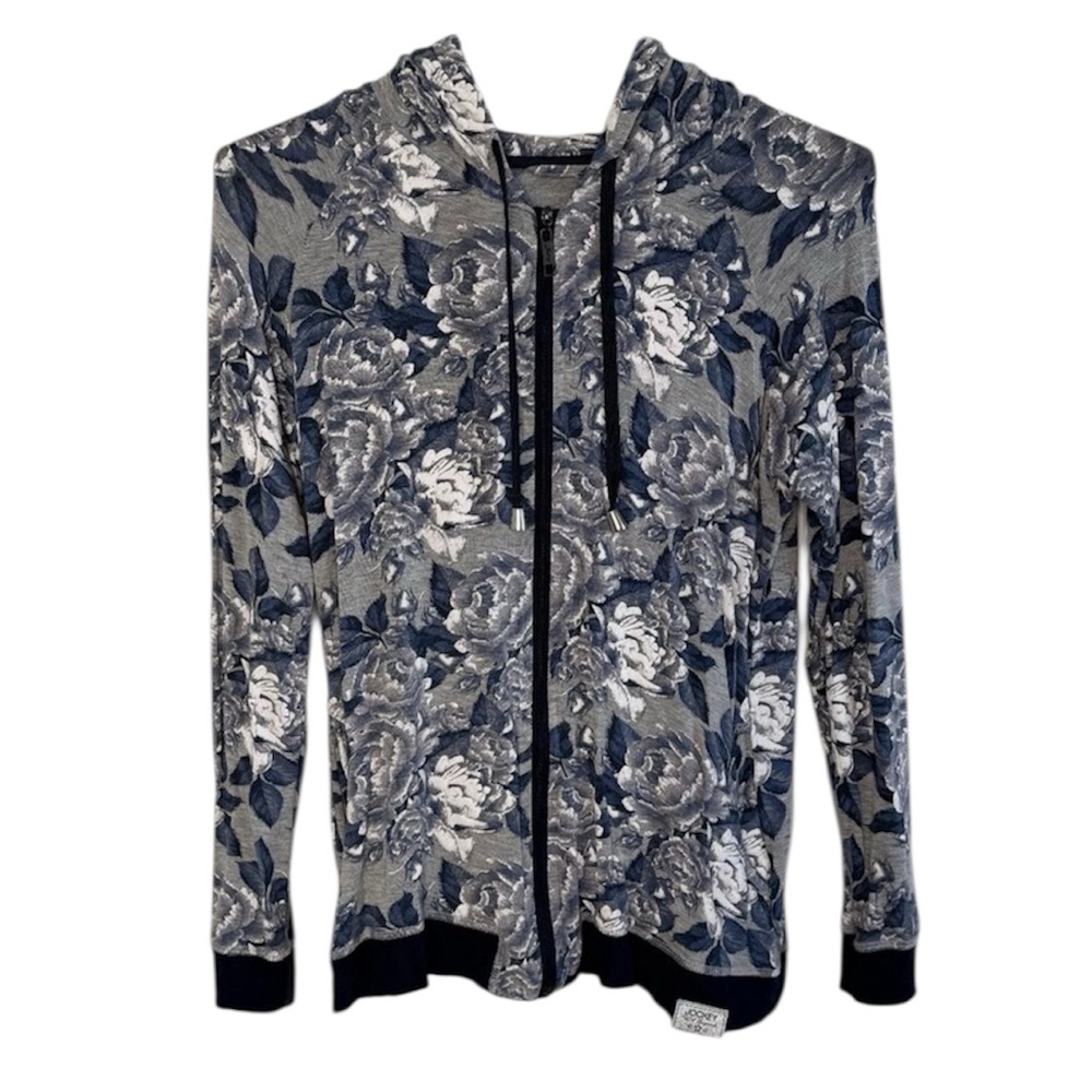 JOCKEY | Blue Floral Gray Soft Stretchy Long Sleeve Hooded Zip Front Sweatshirt